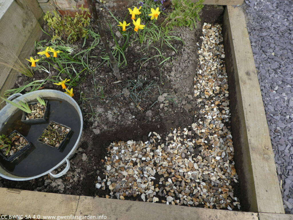 The same space, but a kind of large backwards L dug out with smaller pebbles and stones at the bottom for drainage.