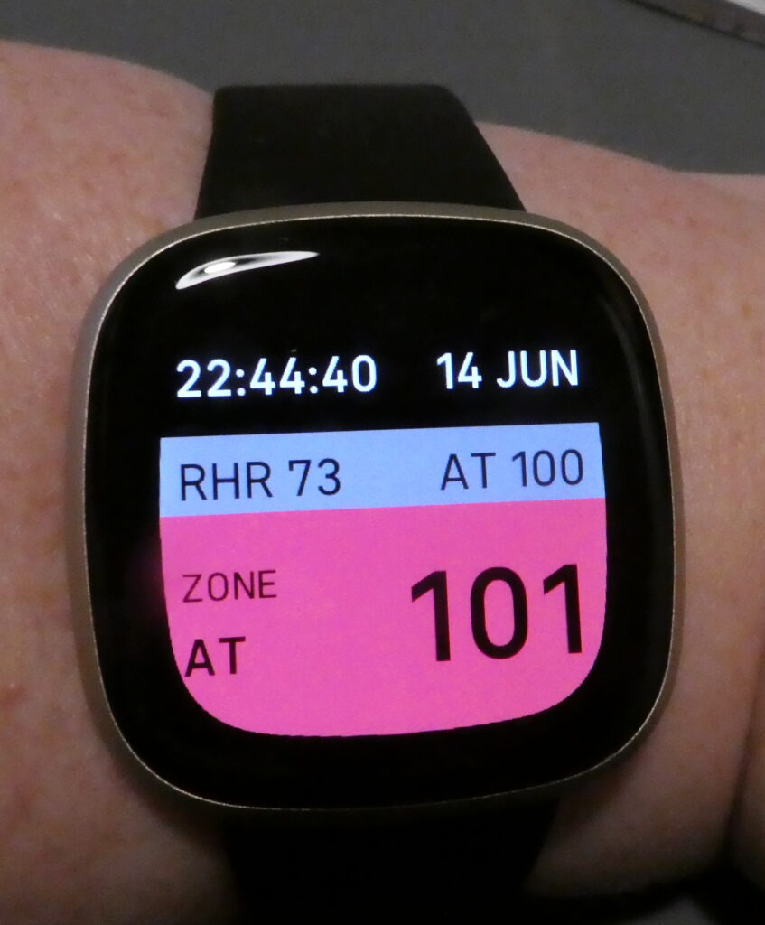 This is the HRPacing app again only this time the coloured part is red (looks more pink in the photo) with: Zone AT on the left, and the numbers: 101 on the right. This is showing me that I've gone over my anaerobic threshold and that I should now rest for a while.