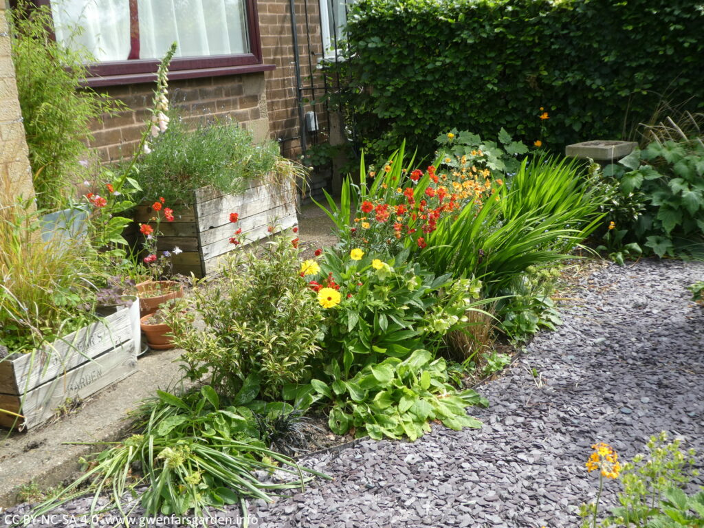 An overview of a border with bright oranges, reds and yellows, and a mix of foliage. There are also some wooden planters and terracotta pots, plus a small birdbath towards the top right.