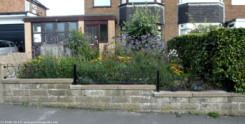 Voila! Looking straight on, the new fence railings have been added along the wall separating our garden from the footpath. They are black steel with a top and bottom horizontal line and some wavy mixed vertical-like likes with rounded heads. They kind of look like stems of plants. A bit quirky and not like the normal straight ones with balls or arrows on top.