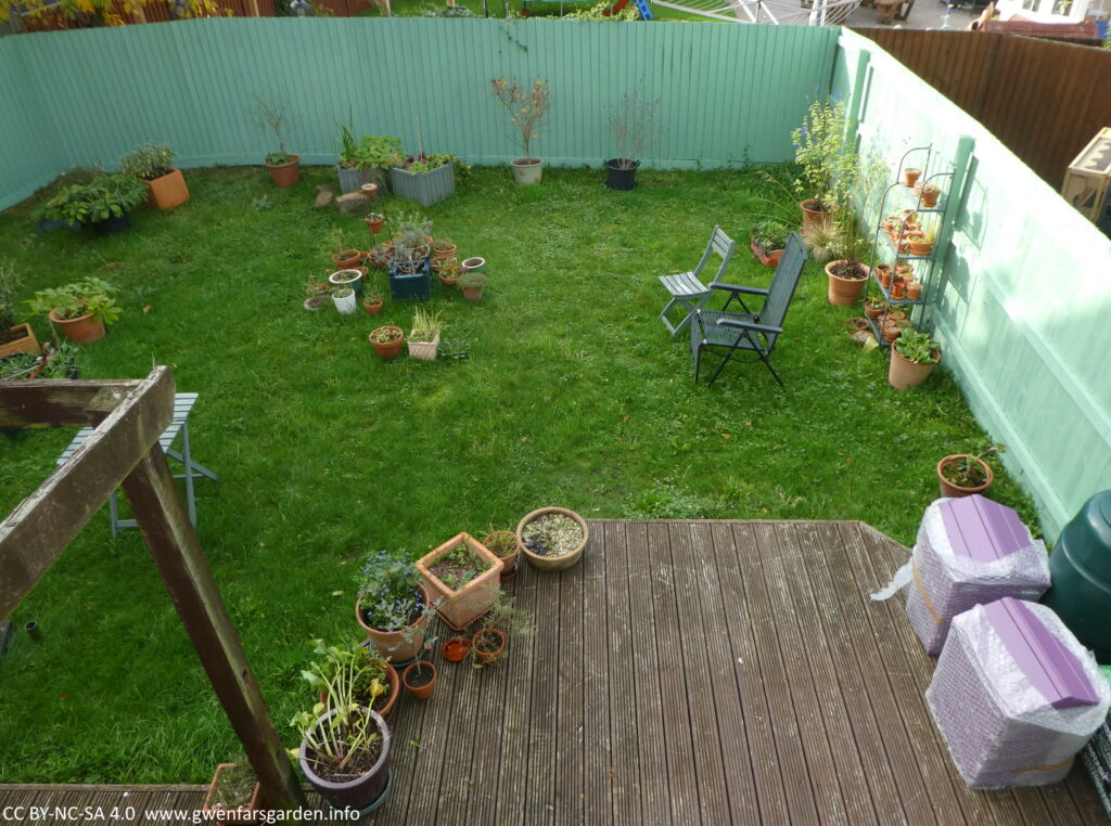 The back garden from a 1st floor window. The fence is now a light green and there are plants in pots scattered about on grass. Most of the garden is in light shade, but you can see sunlight on the right side fence.