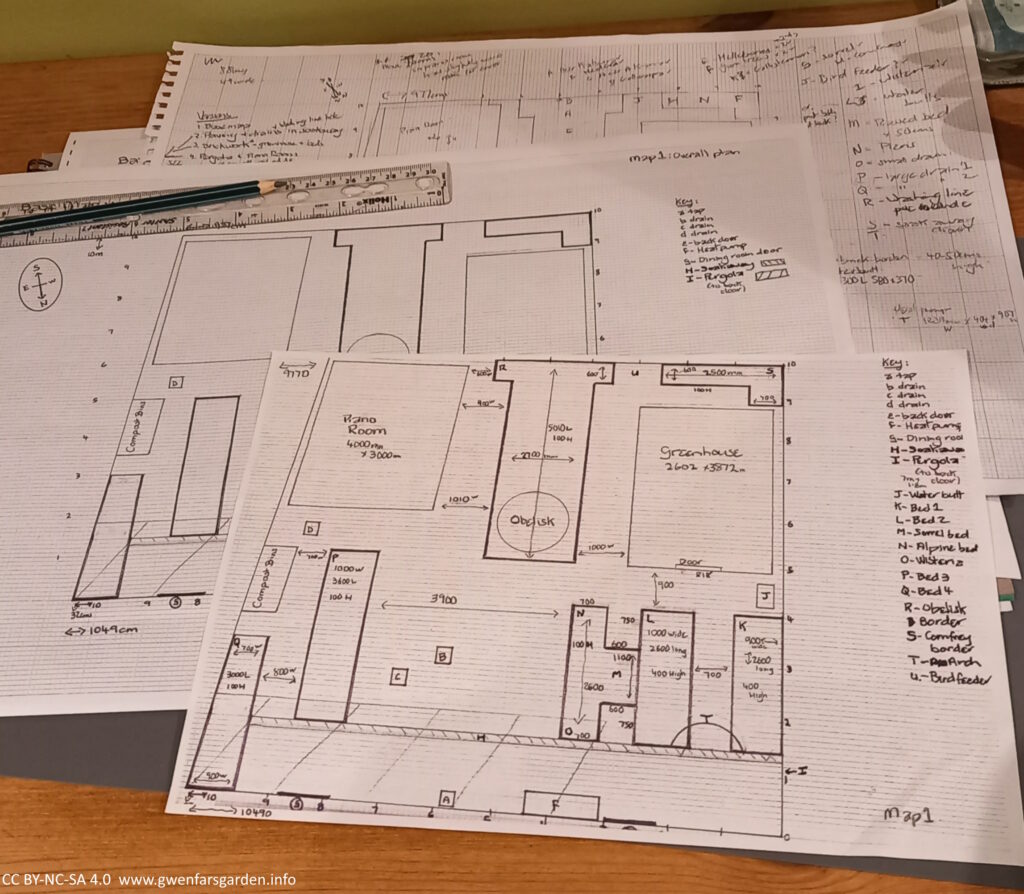 Several pages of graph paper with showing the design, including the rough version at the back, with the front version on top showing the measurements for each area of the garden.