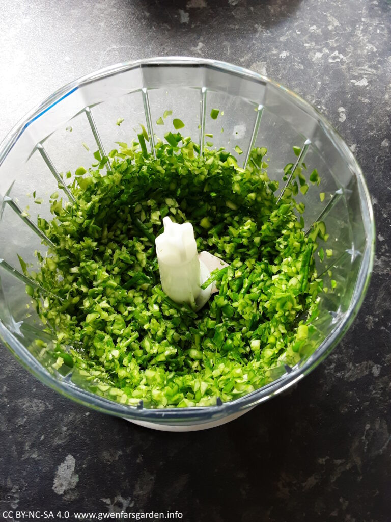 The blended scapes in the container, which have been cut into very small fine pieces by the blender.