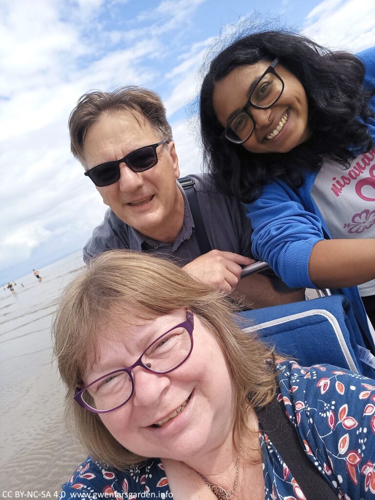 Three people, two white, one a person of colour. One white person sitting in a beach wheelchair, the other two people above and behind. Everyone is smiling and happy. To the left you can see the sandy beach and the edge of the water.