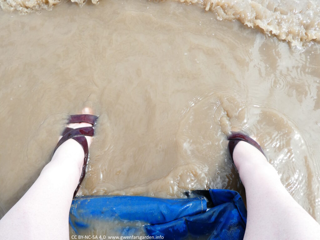 A white persons feet in the sea water whilst they sit on the beach wheelchair.