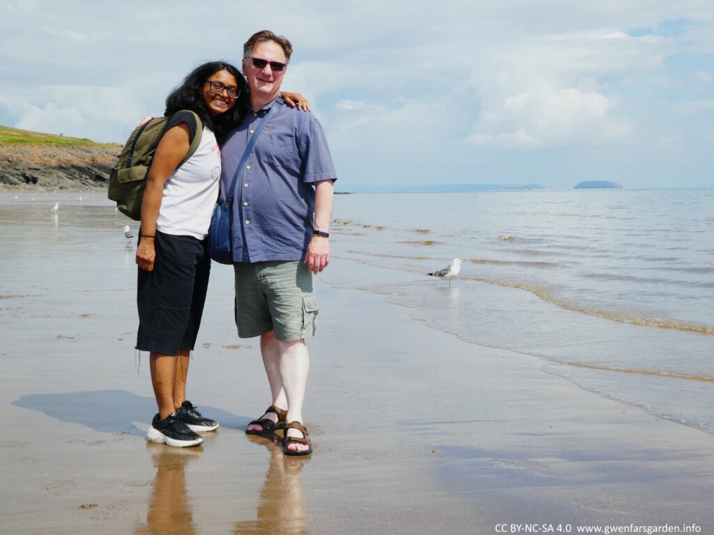 A person of colour with xe's arm around a white person, standing at the beach, just near the edge of the water. Both are smiling.