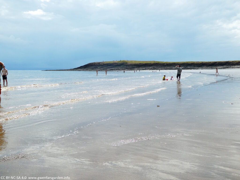 A view of one section of the beach looking towards a headland outlook. The sky is overcast, but the sun has just peaked through and it's making the water sparkle. There are random people dotted about in the water.