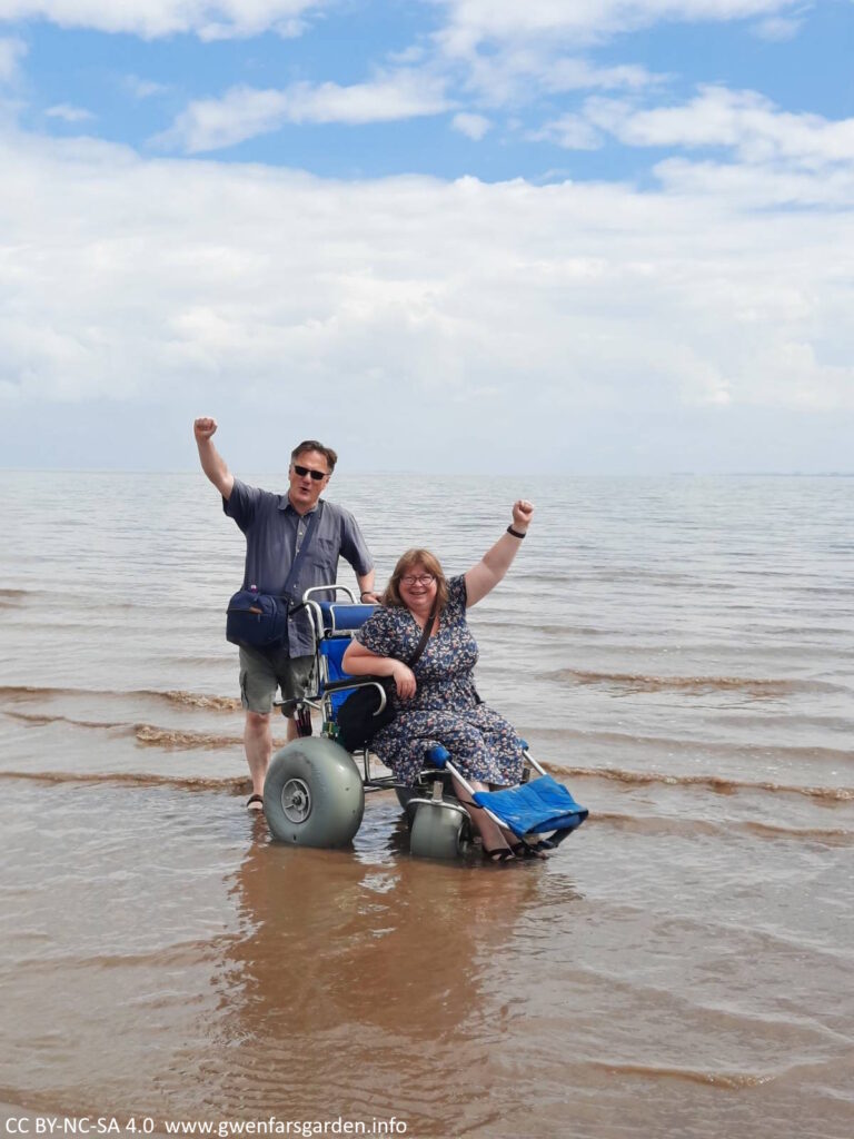 Two white people in the water, one in the beach wheelchair and the other behind and pushing. Each has one raised arm and they are grinning, happy and being silly. Around them stretches the water with white clouds and hints of blue sky.
