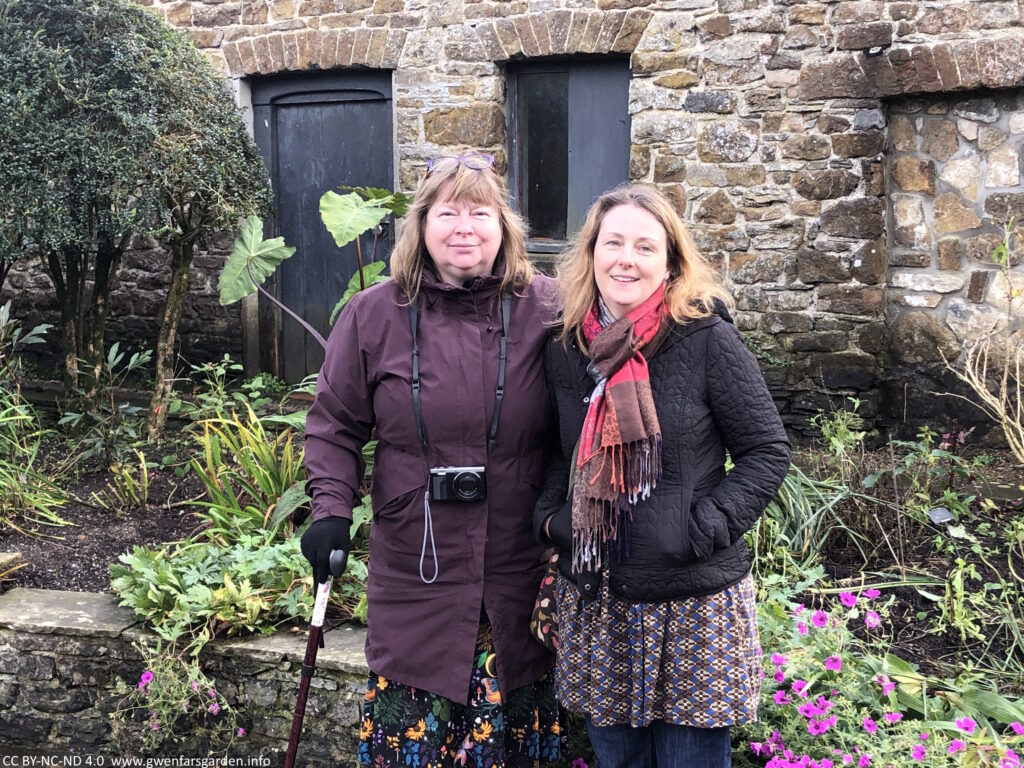 Two white friends next to each other in a garden.