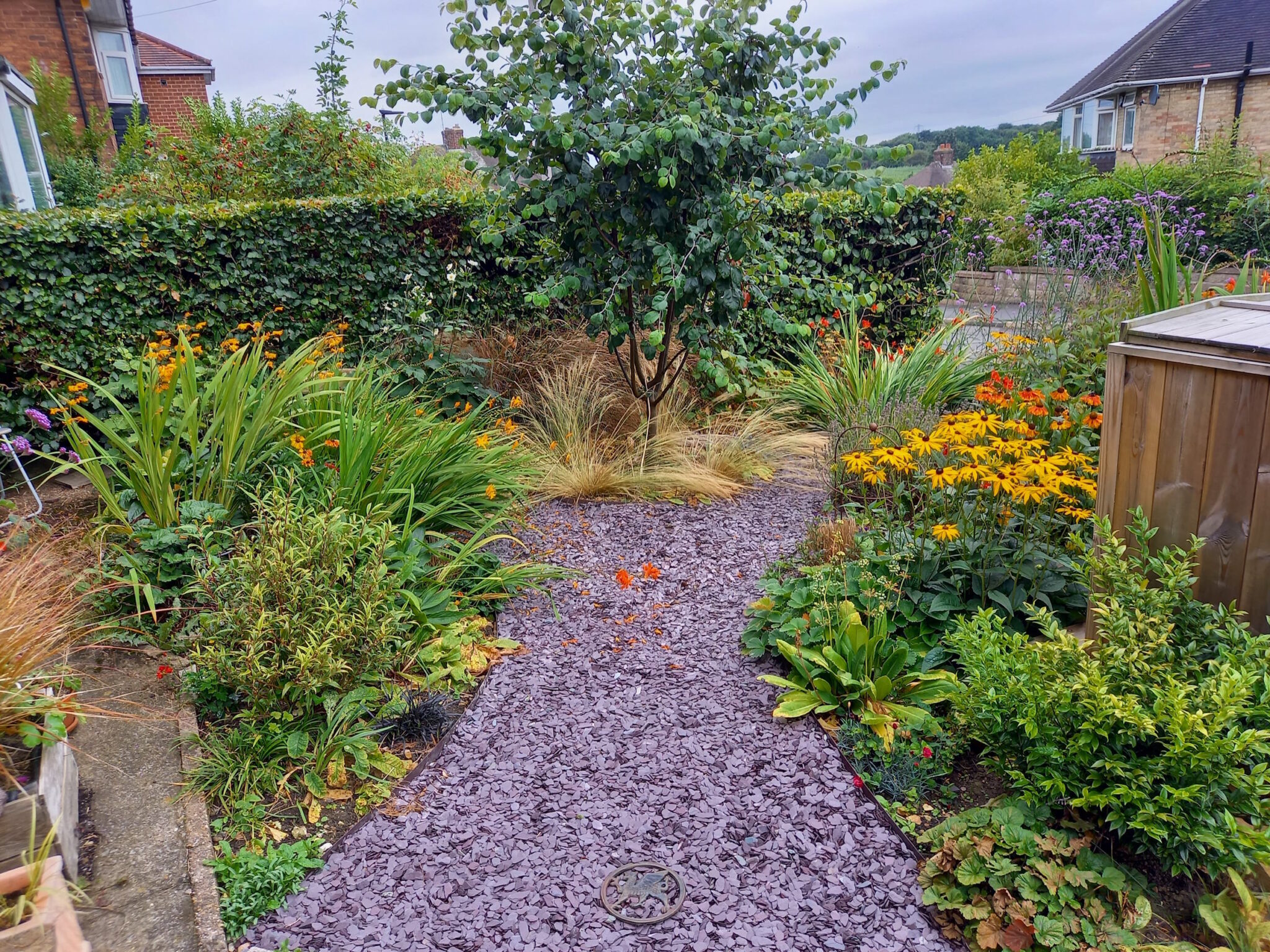 Front garden 2, several years later. Mixed borders with a quince tree in the middle. Lots of flowers of orange and yellow. It is brimming with pretty plants.